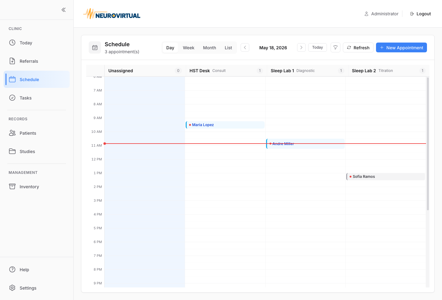 Neurovirtual Portal Schedule with clinic rooms, technologists, and appointments