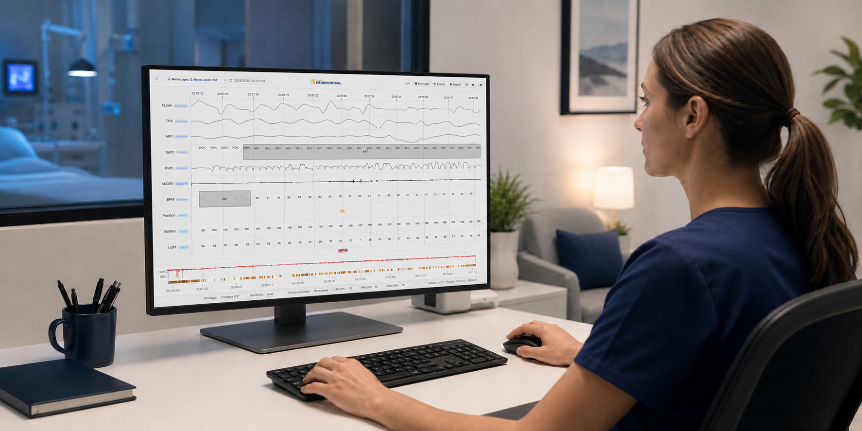 Sleep technologist reviewing a study waveform at a clinic workstation